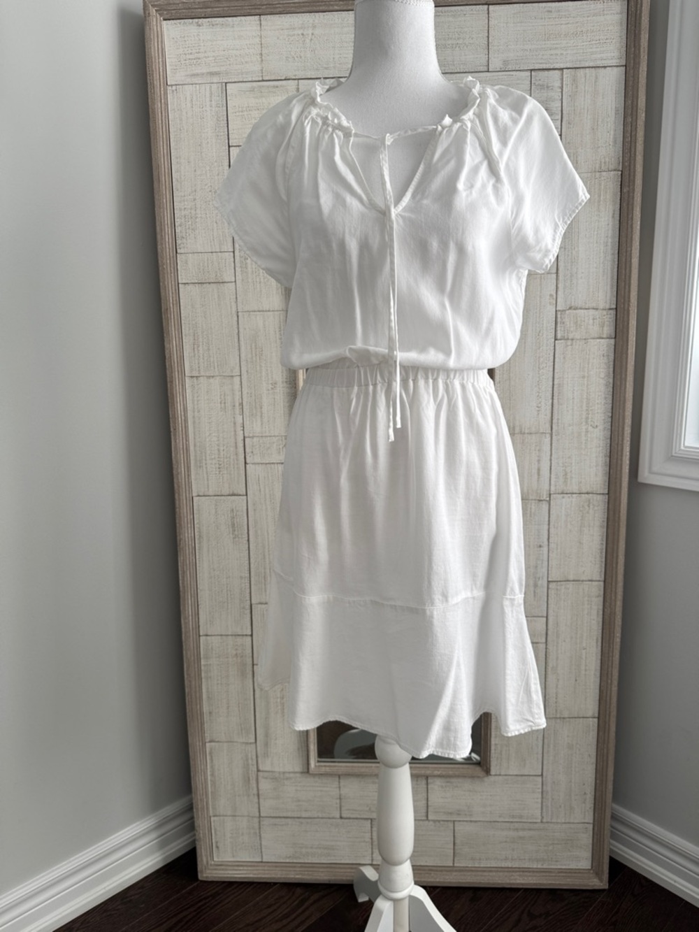 cloth & stone White Cotton Peasant Tie-Neck Mini Dress